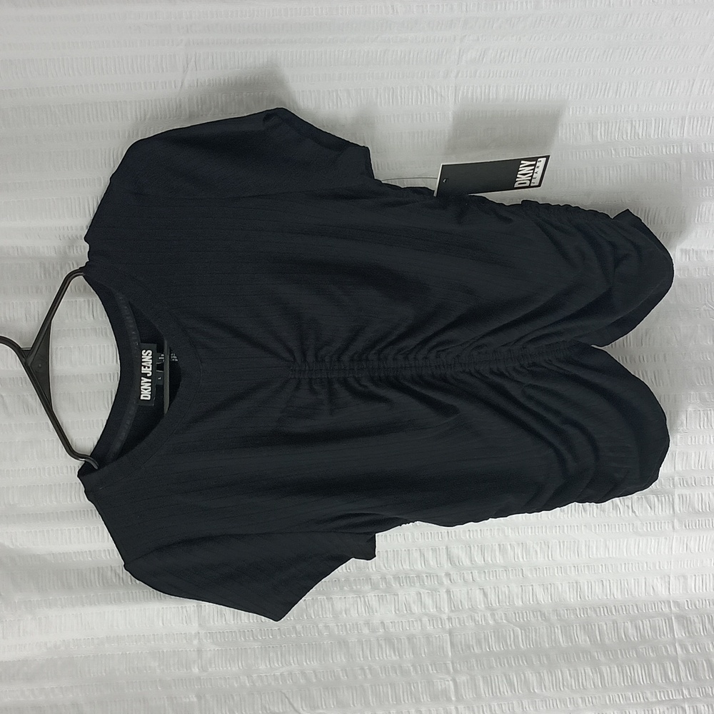 DKNY Black Ruched Crewneck Rib Knit Top L